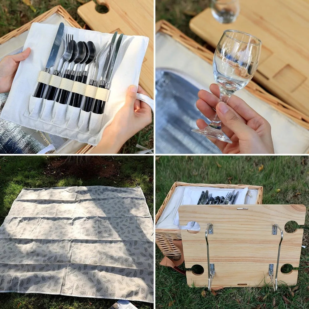 NBVCX Wicker Picnic Basket Set For Four With Folding Wine Table Insulated Cooler