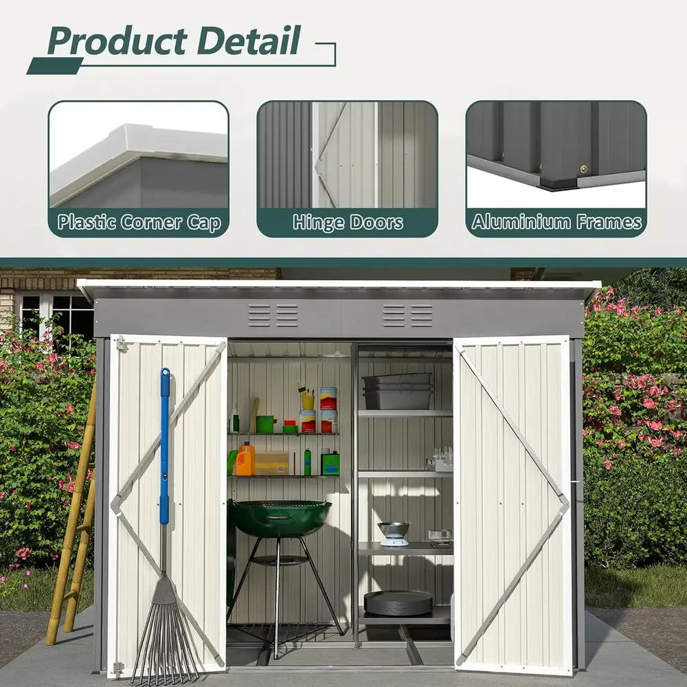 8x4ft Galvanized Steel Outdoor Storage Shed with Floor, Utility Garden Shed for Backyard, Patio, Lawn