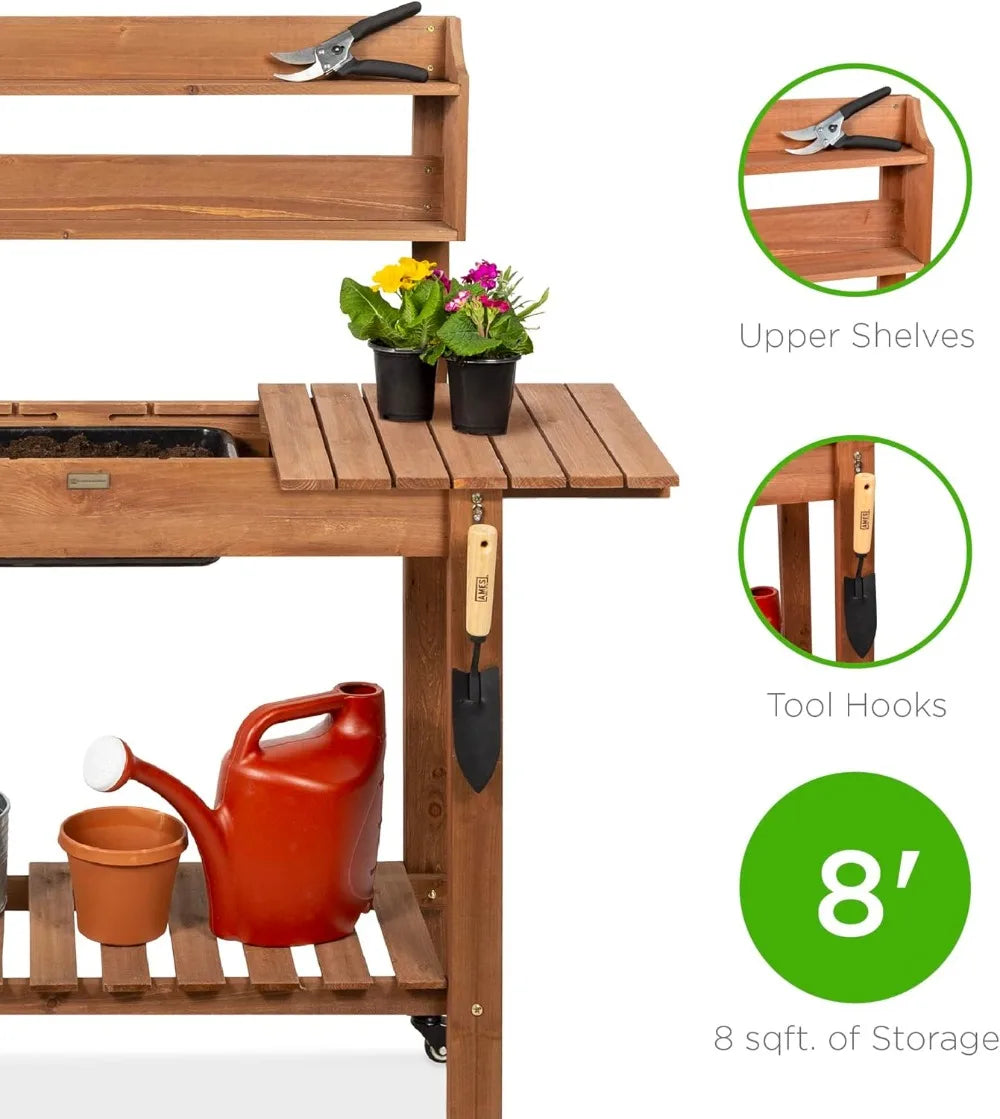 Mobile Garden Potting Bench With Sliding Tabletop And Storage Shelves