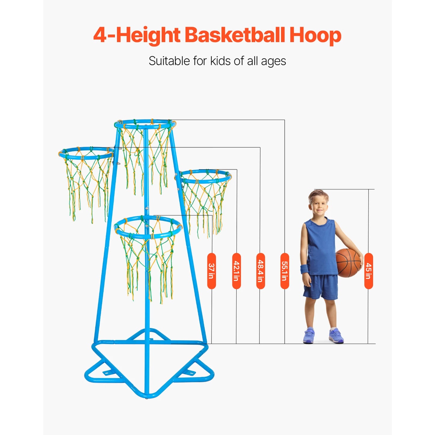 SucceBuy 4-Hoop Kids Basketball Hoop Stand With Adjustable Heights And 3 Balls
