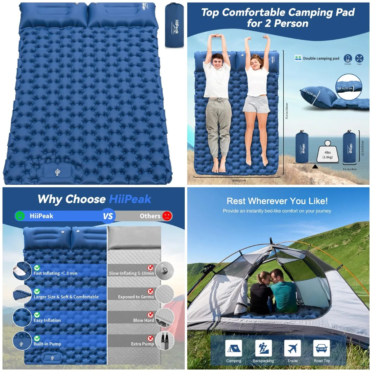 YTYIN Double Self-Inflating Sleeping Pad With Built-In Pillow And Pump