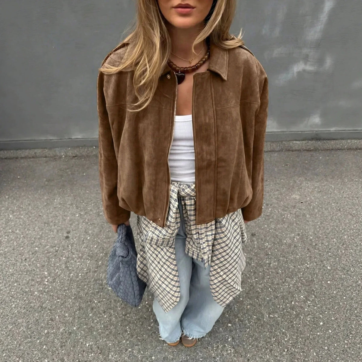 Womens Casual Suede Textured Pilot Jacket With Zipper