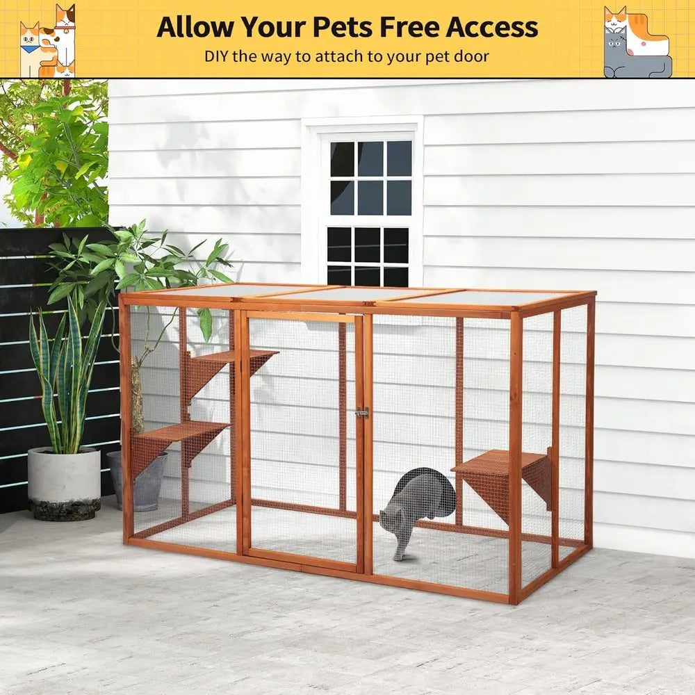 Outdoor Cat Enclosure With Waterproof Roof and Multi Level Design