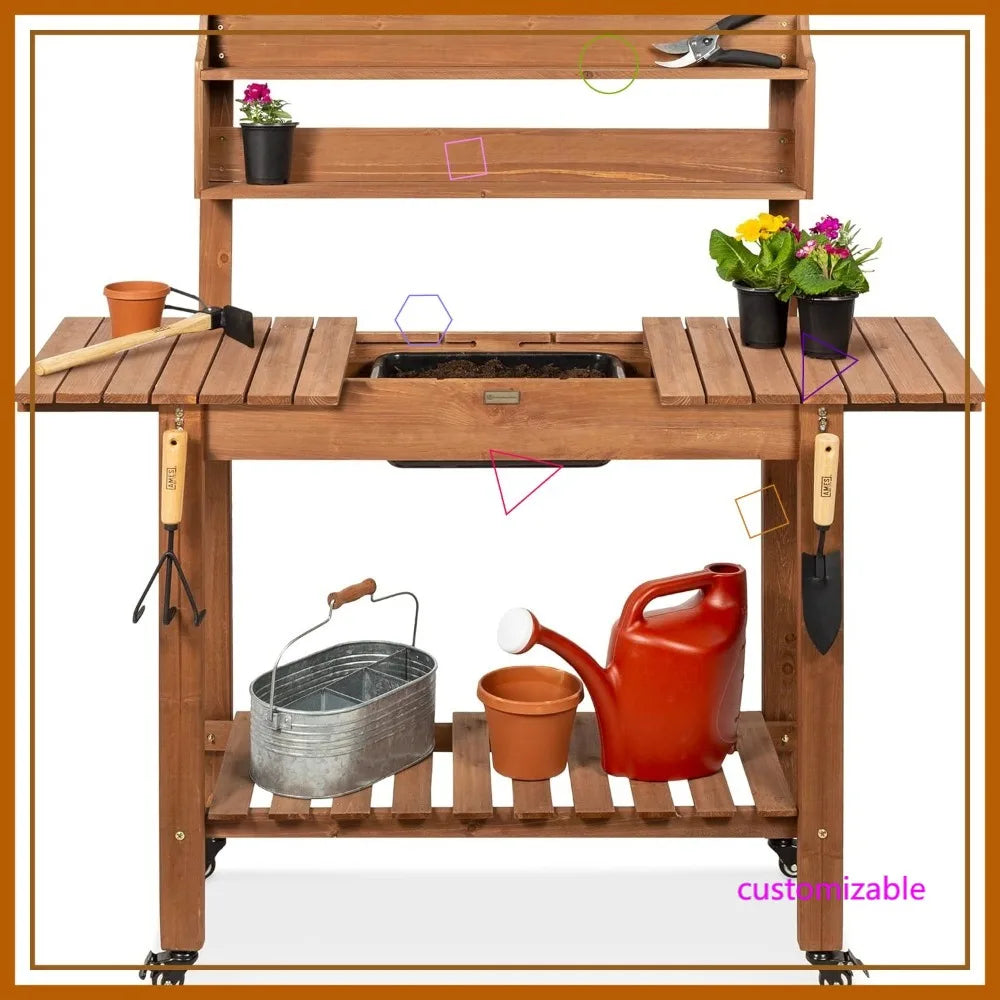 Mobile Garden Potting Bench With Sliding Tabletop And Storage Shelves