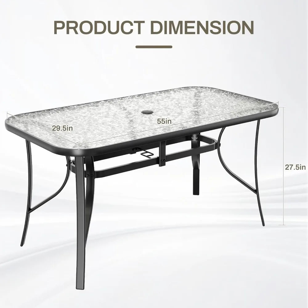 Patio Outdoor Table W/ 1.69″ Umbrella Hole, 30"X 55" Rectangular Tempered Glass Patio Dining Table for 6, Outdoor Metal Furnitu