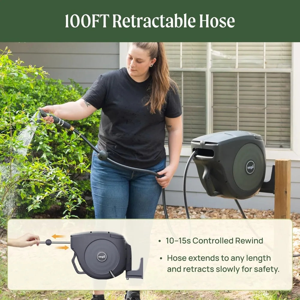 Retractable Hose Reel Wall Mount With Auto Rewind 9Pattern Nozzle