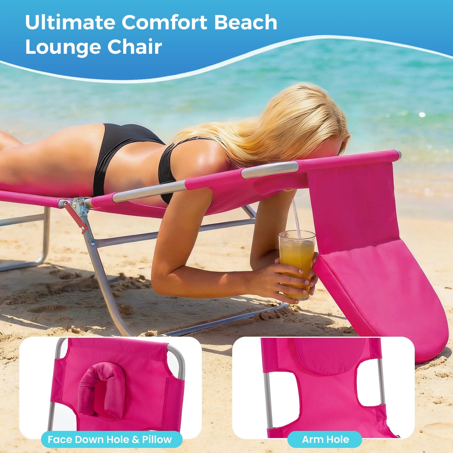 MCQ Foldable Adjustable Beach Lounge Chair With Armrests And Backrest