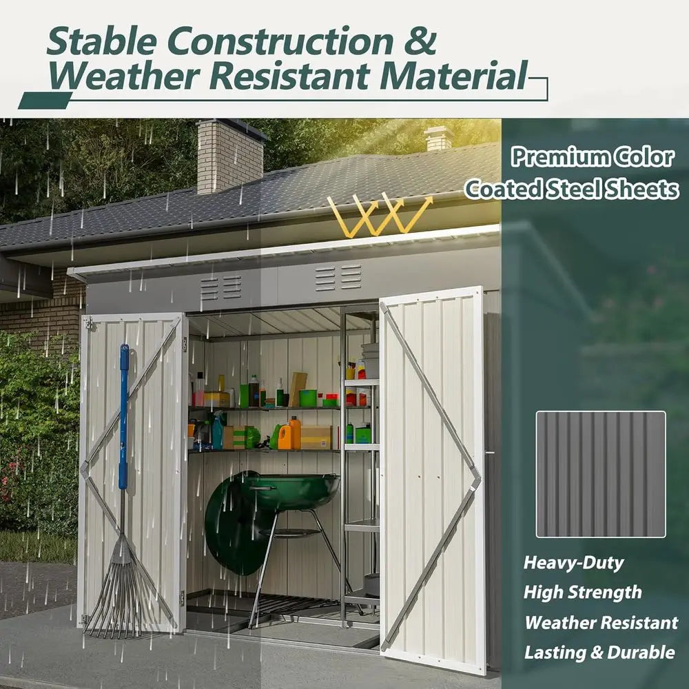 8x4ft Galvanized Steel Outdoor Storage Shed with Floor, Utility Garden Shed for Backyard, Patio, Lawn