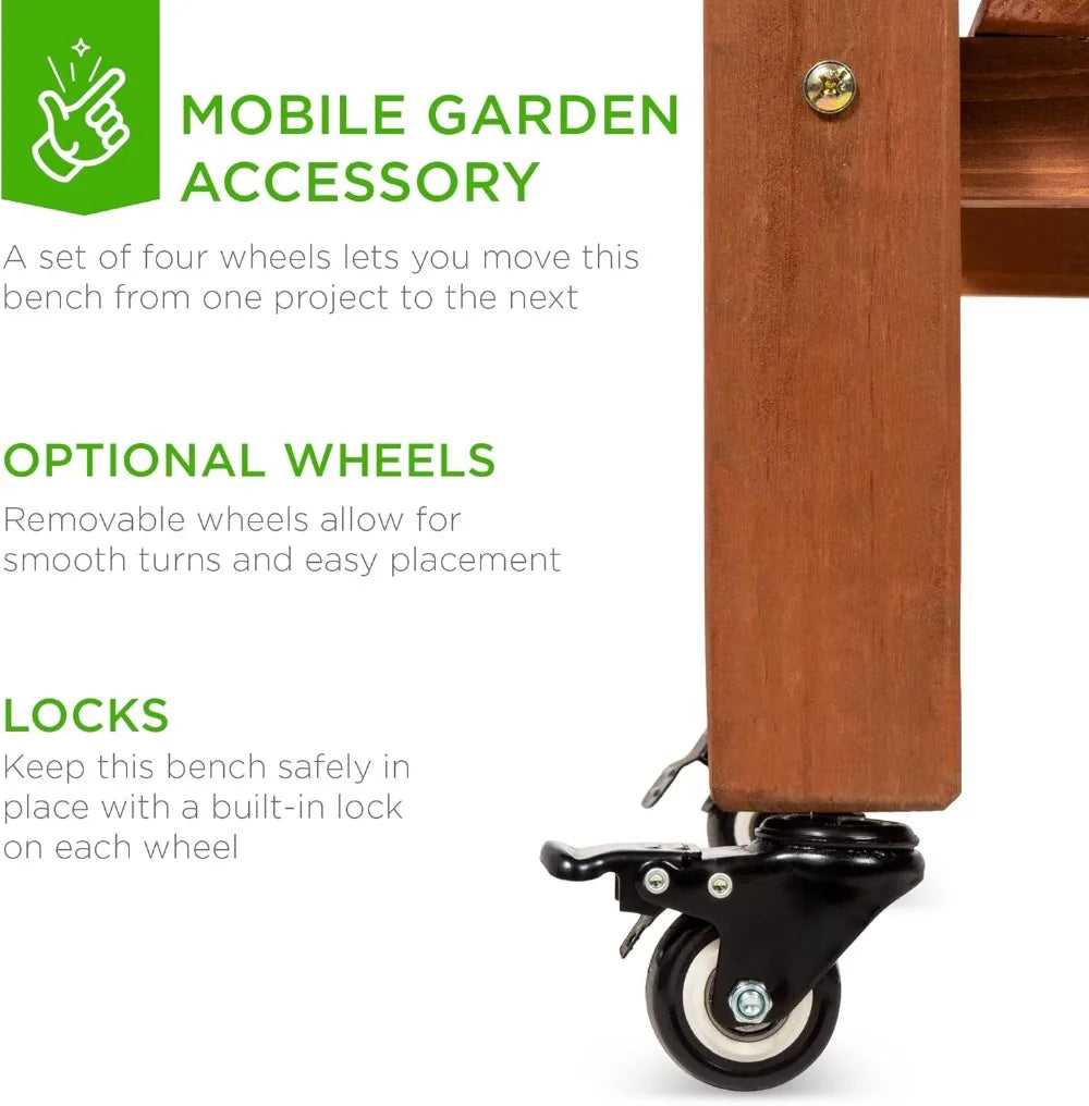 Mobile Garden Potting Bench With Sliding Tabletop And Storage Shelves
