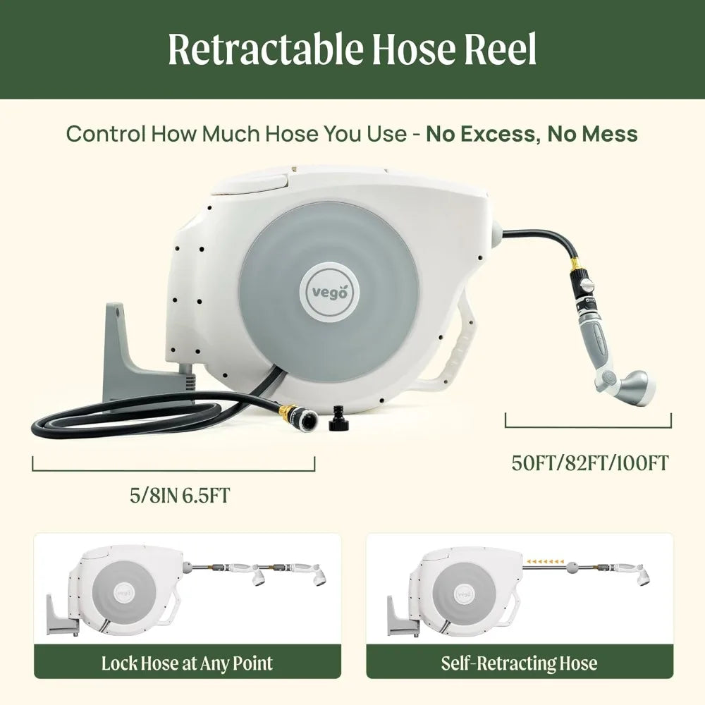 Retractable Hose Reel Wall Mount With Auto Rewind 9Pattern Nozzle