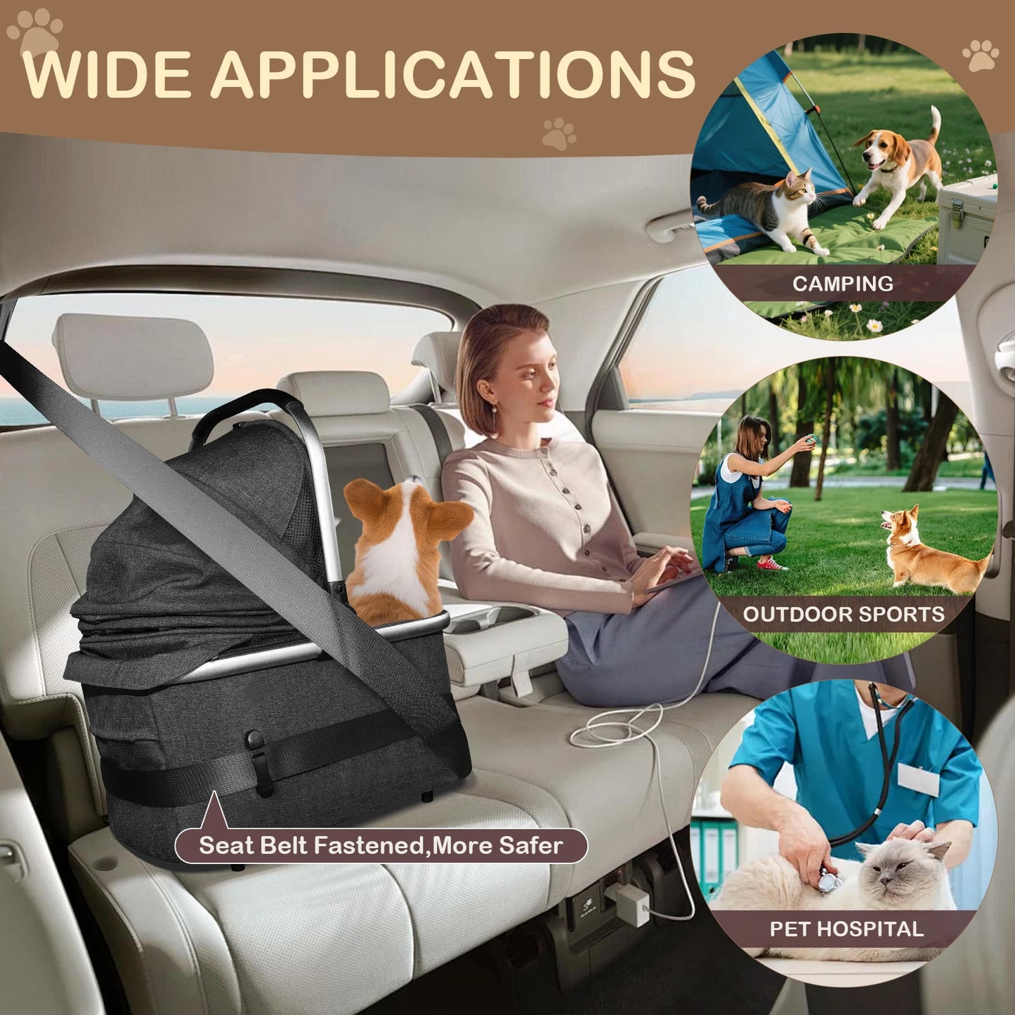 Portable Pet Stroller With Detachable Carrier For Medium Dogs