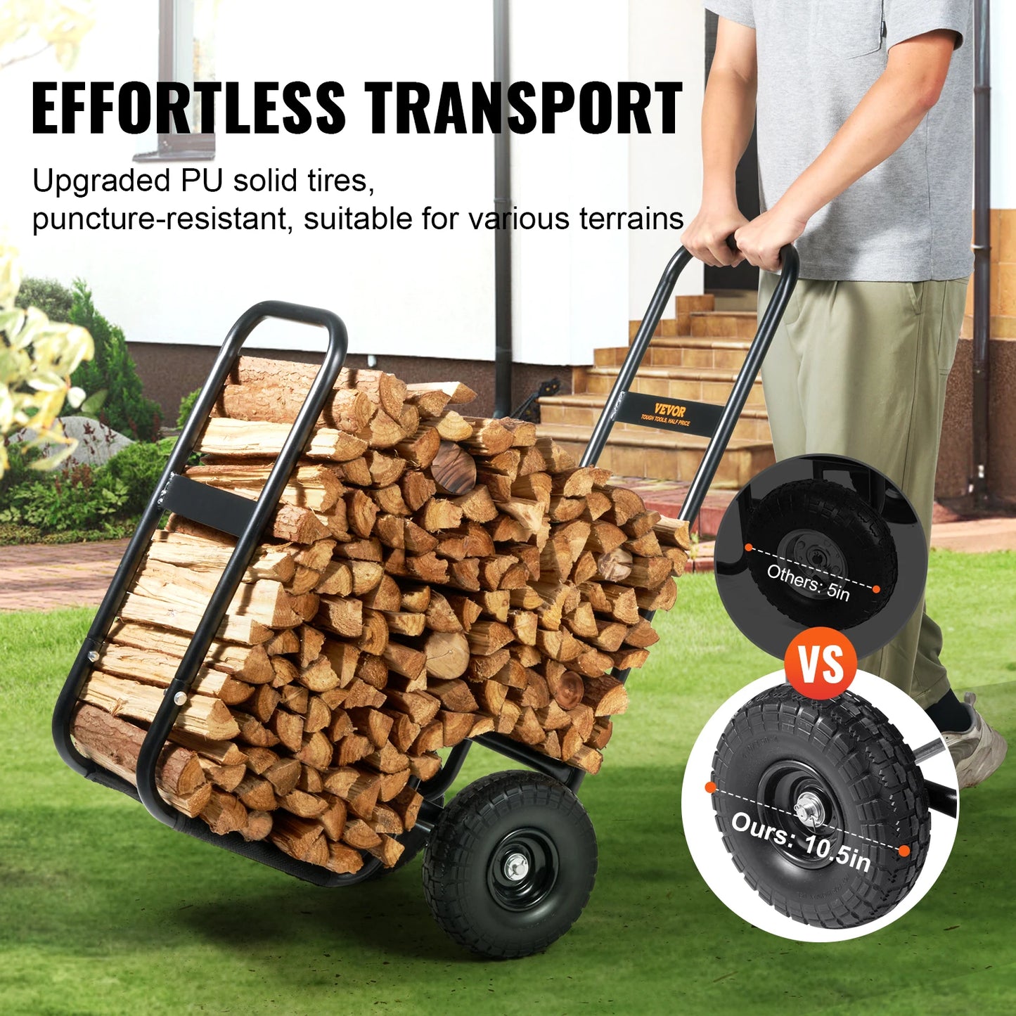 Firewood Log Cart with Wheels for Indoor Outdoor Use