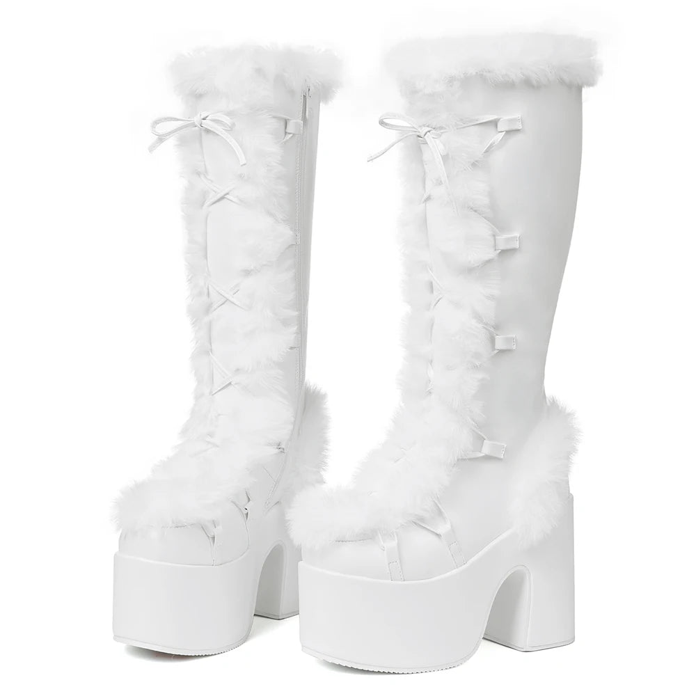 Women's Faux Fur Trim Platform Knee High Chunky Heel Boots
