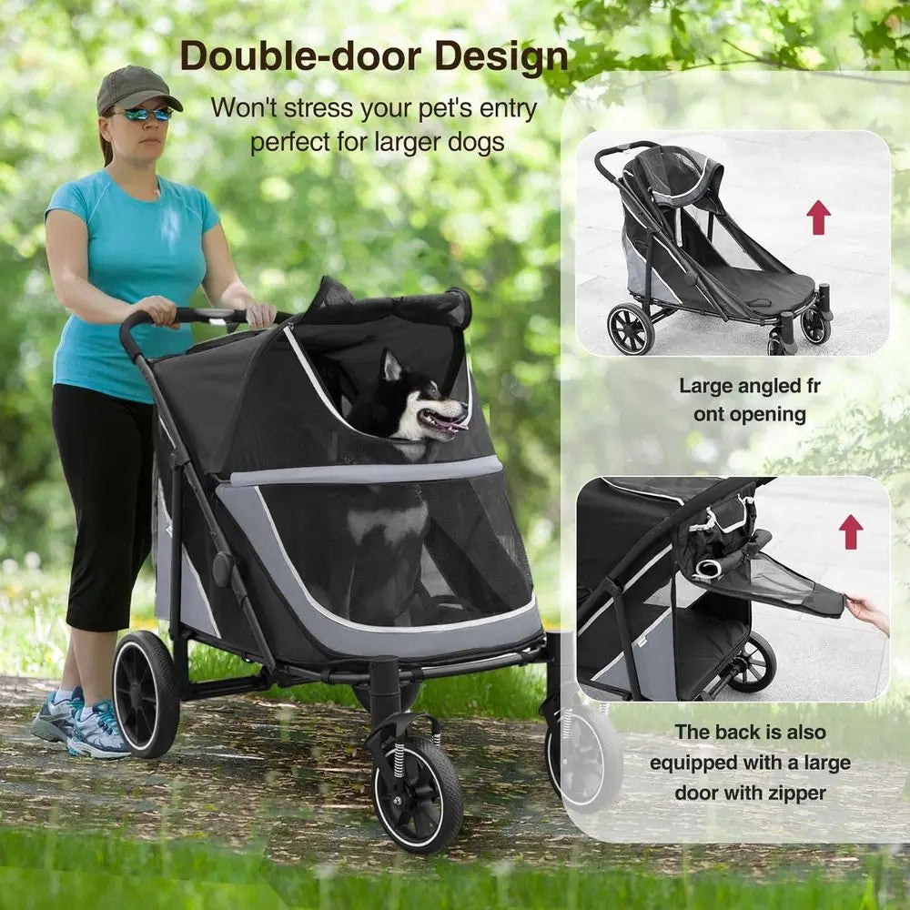Spacious Folding Dog Stroller With Shock Absorption And Storage