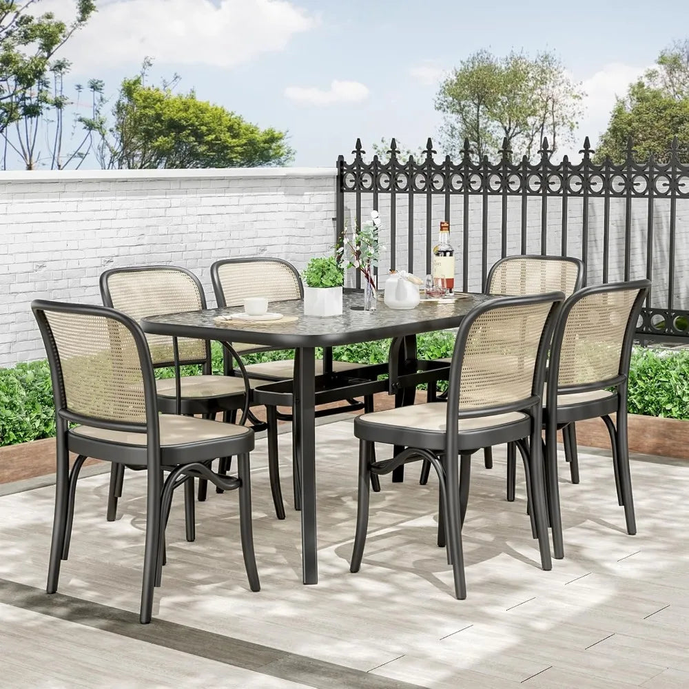 Patio Outdoor Table W/ 1.69″ Umbrella Hole, 30"X 55" Rectangular Tempered Glass Patio Dining Table for 6, Outdoor Metal Furnitu