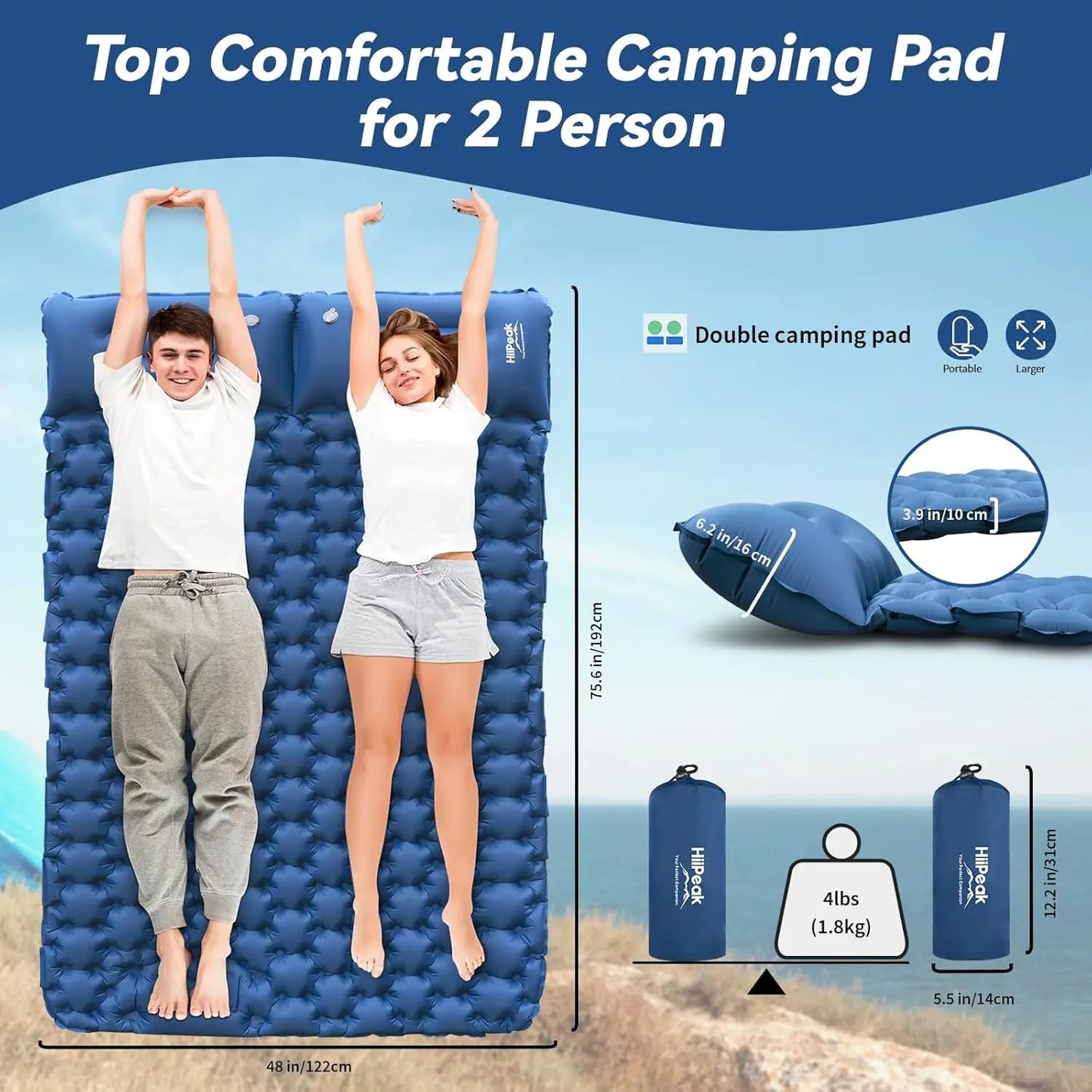 YTYIN Double Self-Inflating Sleeping Pad With Built-In Pillow And Pump