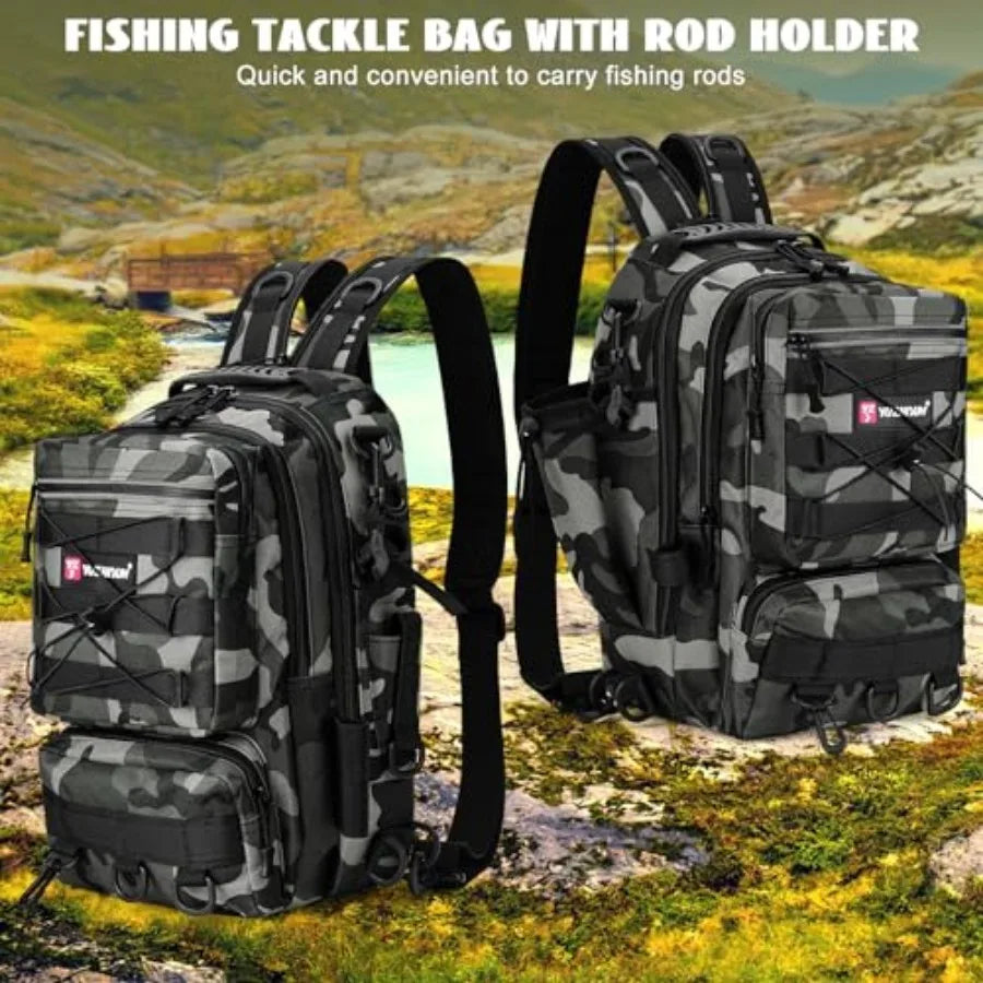 Fishing Tackle Backpack With Rod Holder And Storage Compartments