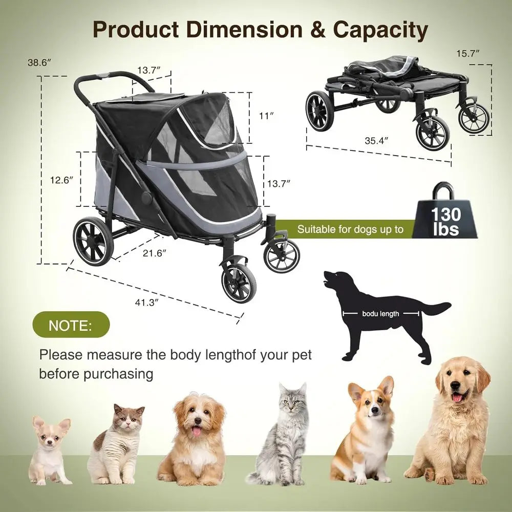 Spacious Folding Dog Stroller With Shock Absorption And Storage