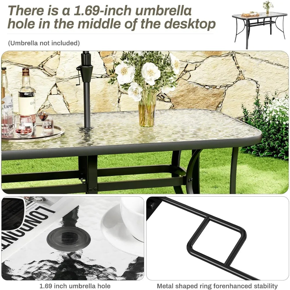 Patio Outdoor Table W/ 1.69″ Umbrella Hole, 30"X 55" Rectangular Tempered Glass Patio Dining Table for 6, Outdoor Metal Furnitu