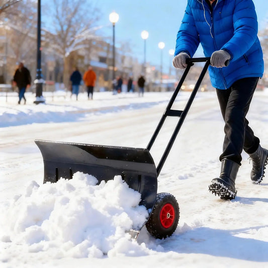 HiMISS Heavy Duty Wheeled Snow Pusher With Adjustable Handle