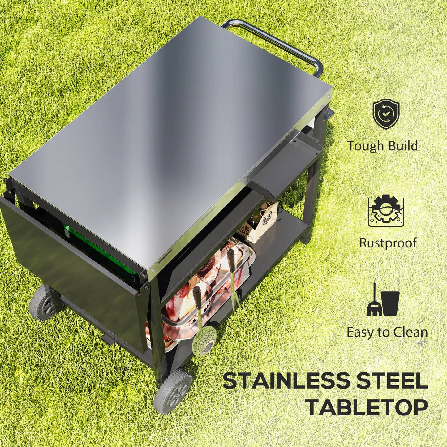 Stainless Steel Outdoor Bar Cart Grill Table With Wheels Storage
