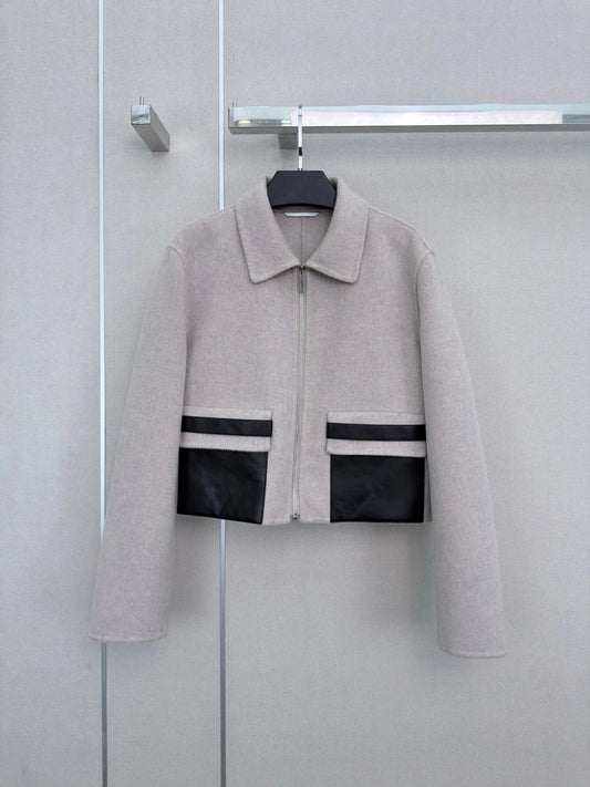 Women's Wool Zip Front Lapel Jacket With Pockets and Zippers
