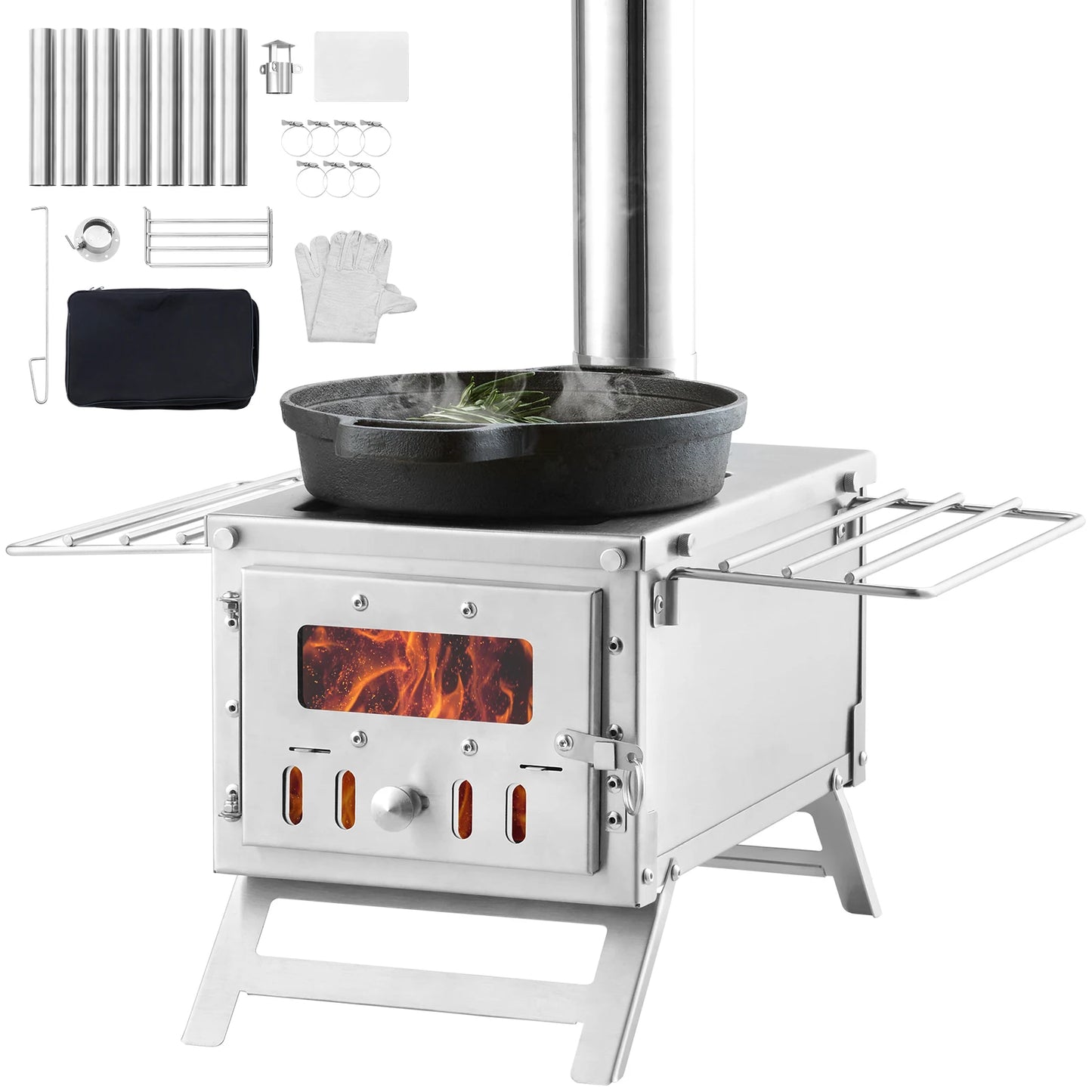 Portable Camping Wood Stove With Chimney Pipes And Firebox