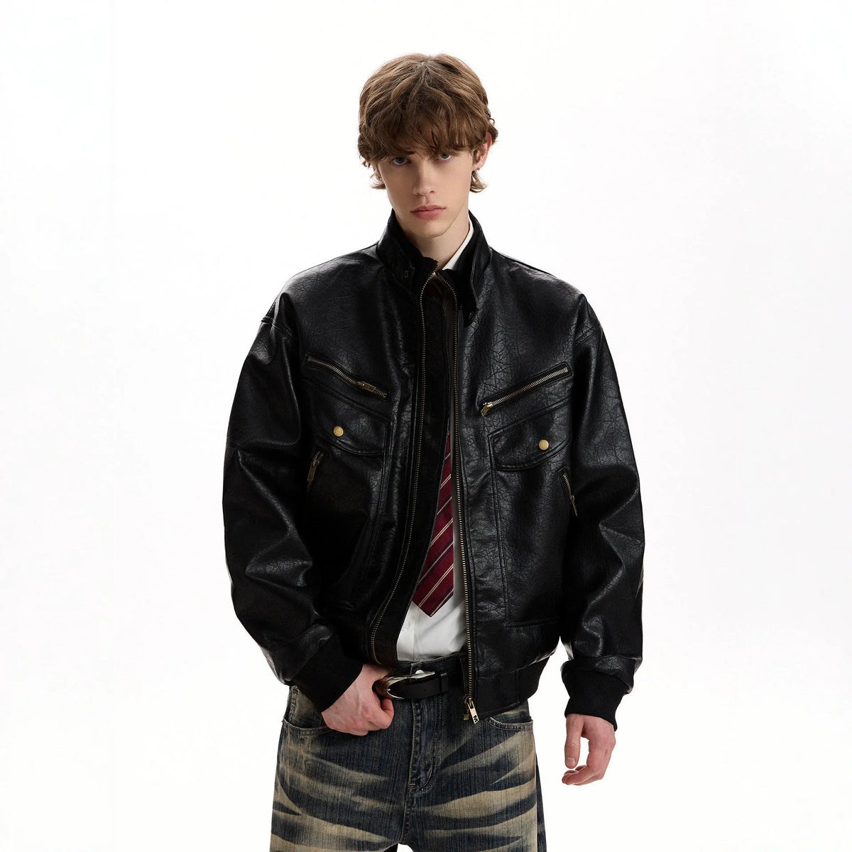 Mens Retro Textured PU Leather Windproof Motorcycle Jacket