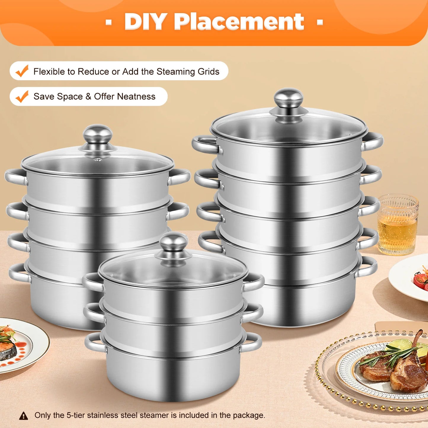 Stainless Steel Steamer Pot 5-Tier With Lid And Handles