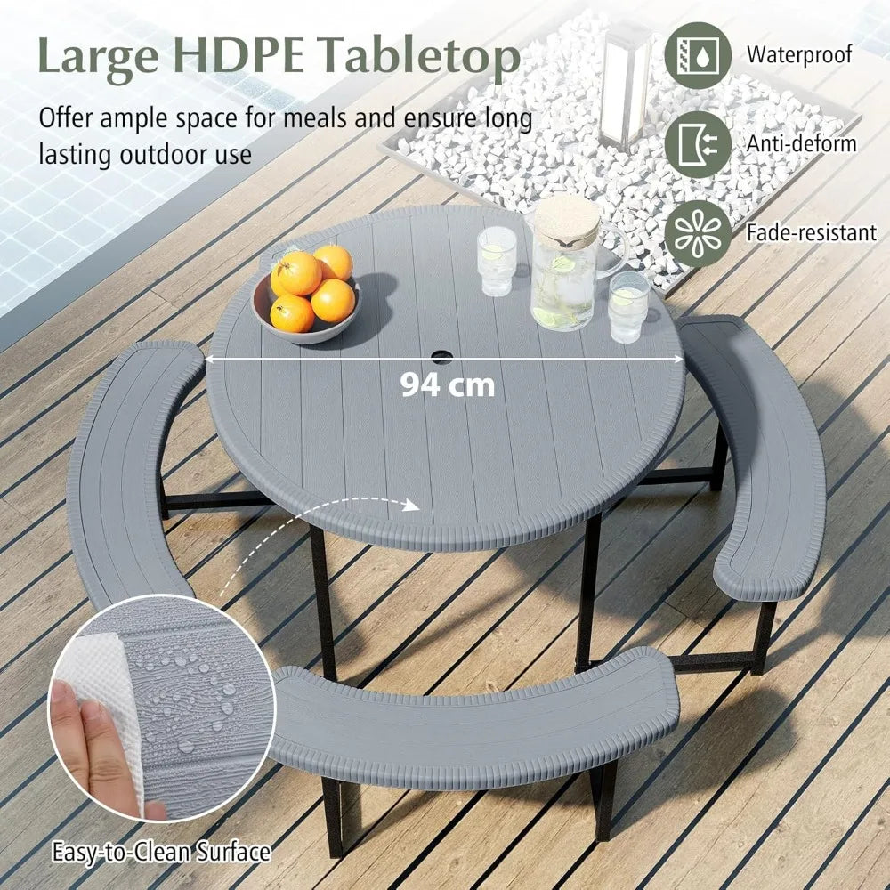 Outdoor 8-Person Round Picnic Table Set With Umbrella Hole