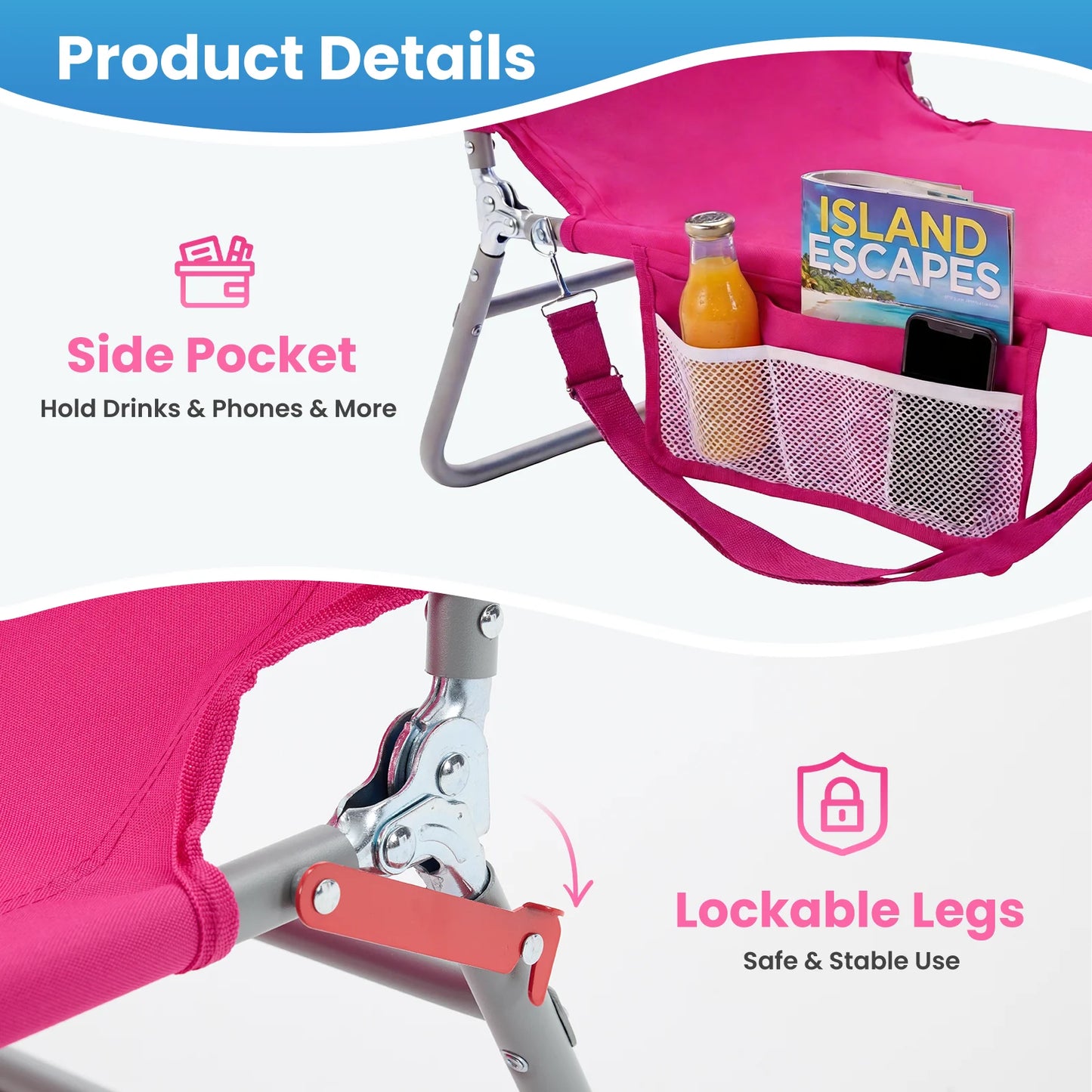 MCQ Foldable Adjustable Beach Lounge Chair With Armrests And Backrest