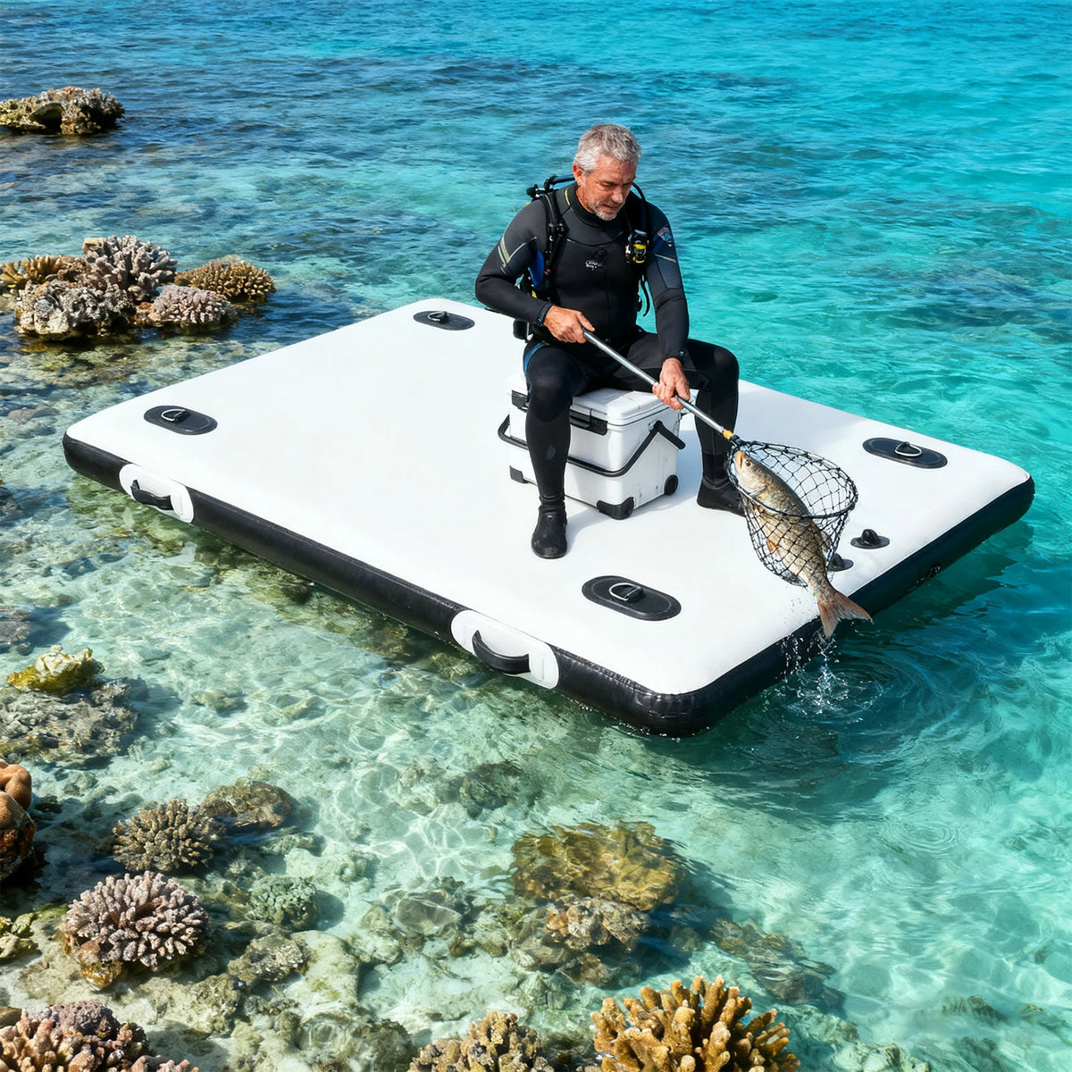 Inflatable Fishing Platform Dock With Outboard Motor Support